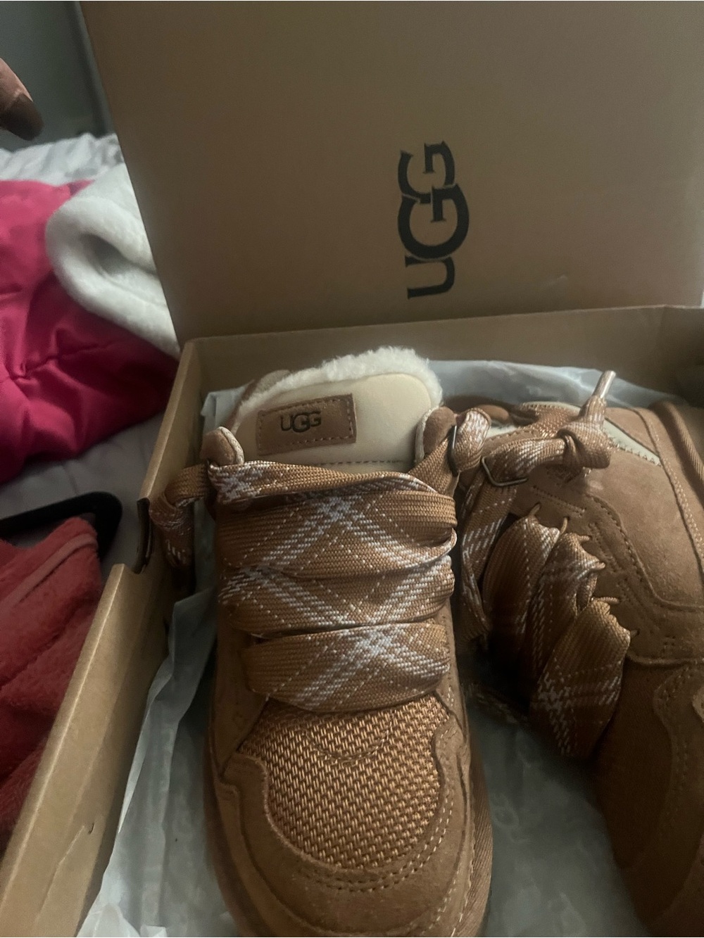 UGG Kids Chestnut Brown Suede & Plaid Ribbon Lace Sneakers